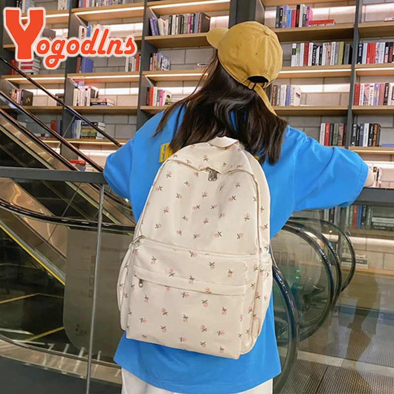 Yogodlns  Fashion Floral Backpack For Women Waterproof Nylon Rucksack Teenager Large Capacity Student School Bag Travel Bag