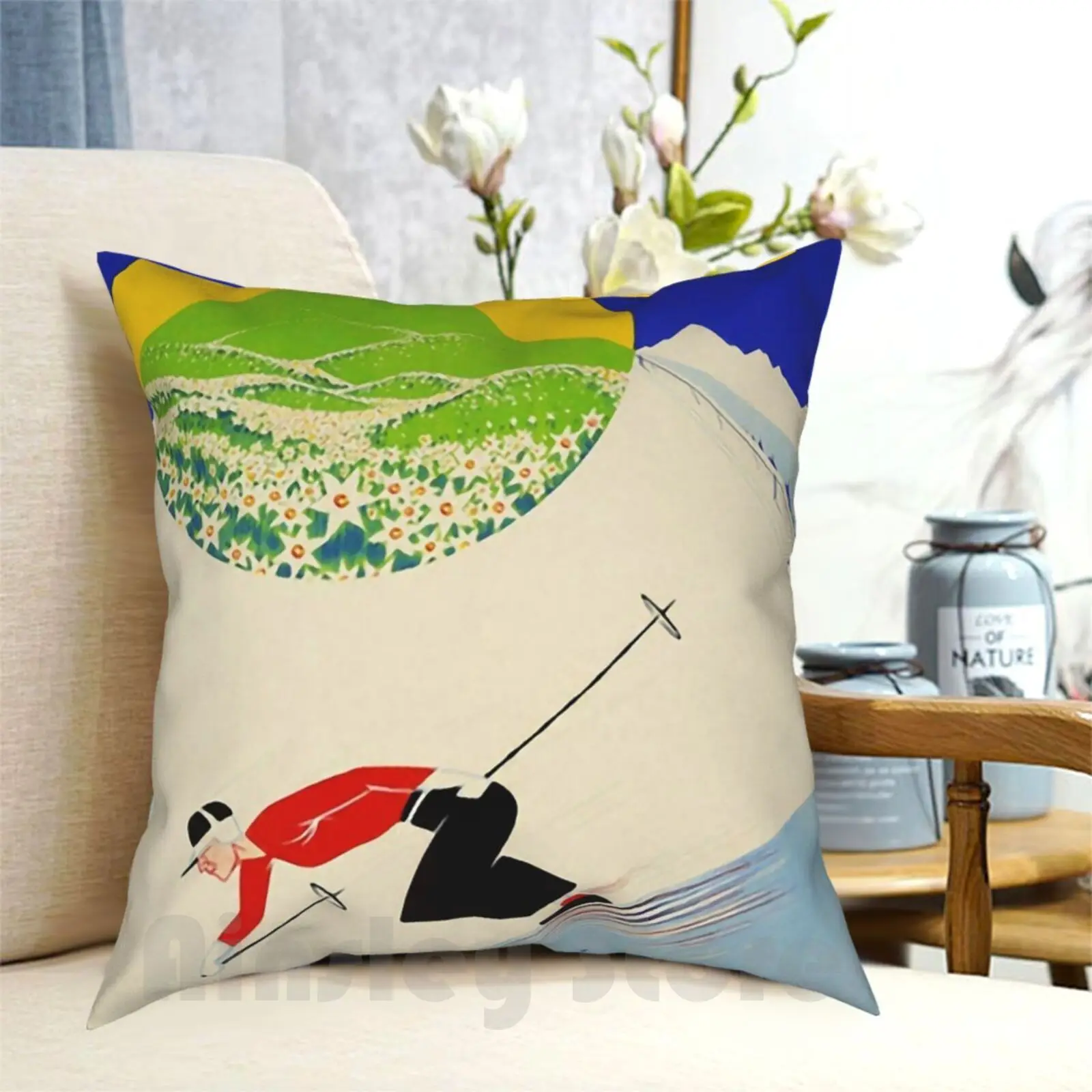 Art Deco Era Vintage Swiss Alps Sport Ad Pillow Case Printed Home Soft DIY Pillow cover Art Skiing French Swiss Swiss Alps