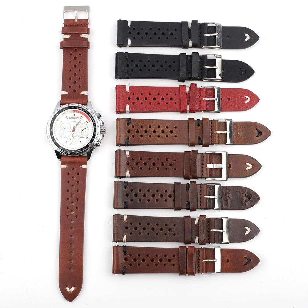 Genuine Leather Watch Band 18mm 19mm 20mm 22mm 24mm Porous Breathable Handmade Stitching Watch Strap for Men Watch Bracelet