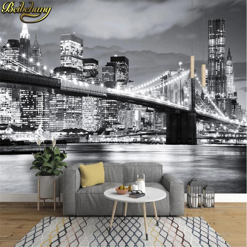 Beibehang-papel tapiz mural 3d para decoración del hogar, papel tapiz de ciudad en blanco y negro para sala de estar, Fondo de tv