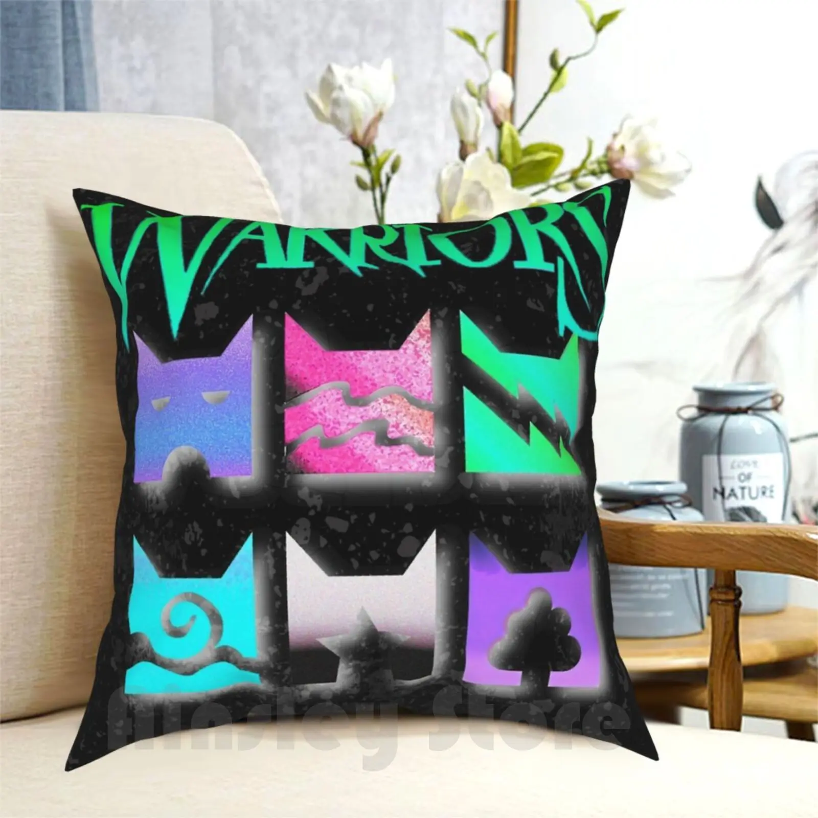 Vaporwave Inverted Cats Clan Icons For Lovers Pillow Case Printed Home Soft Throw Pillow Cats Bluestar Firestar