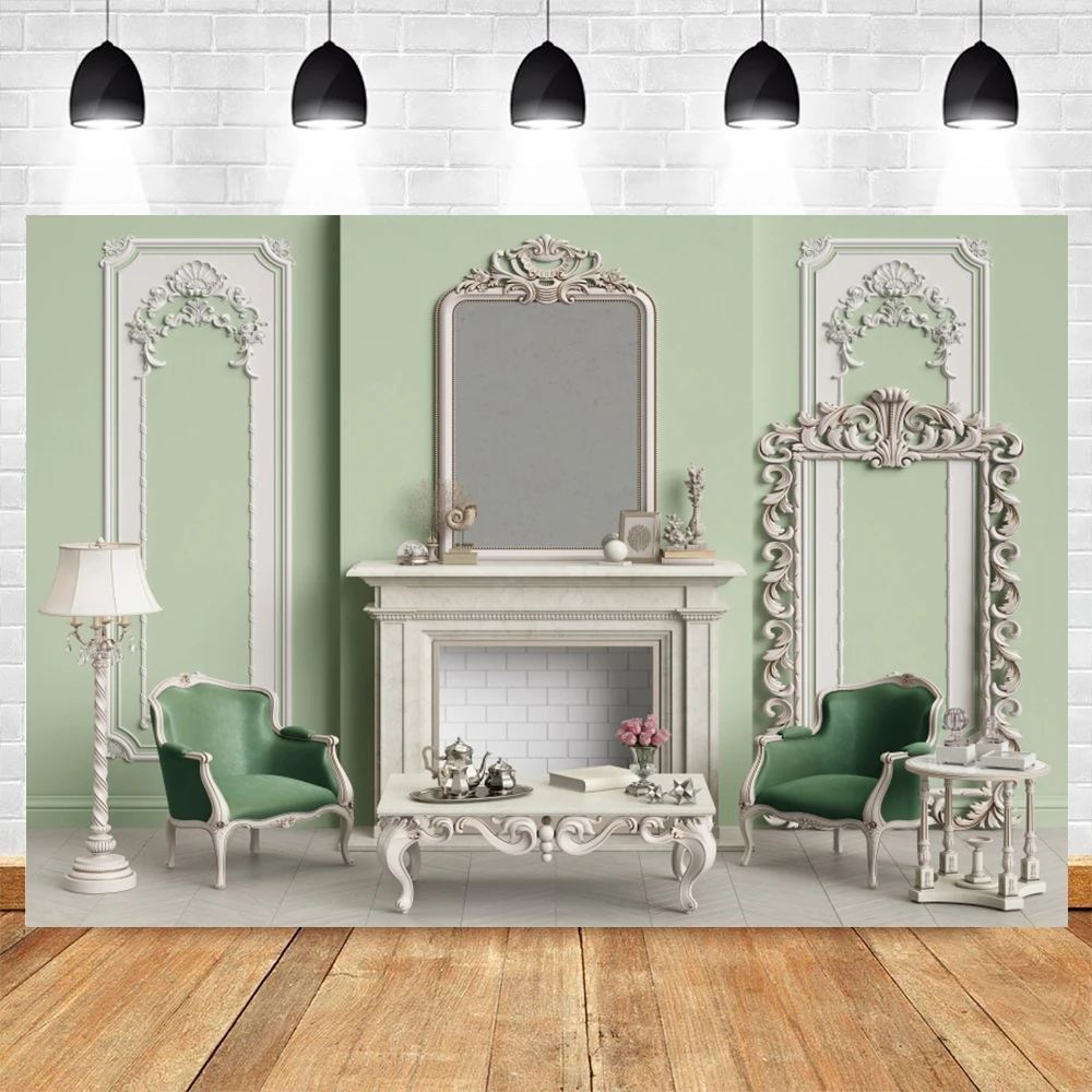 Yeele Light Green Background Baby Photocall Photography Fireplace Carved Wall White Floor Backdrop Photo Studio Photophone