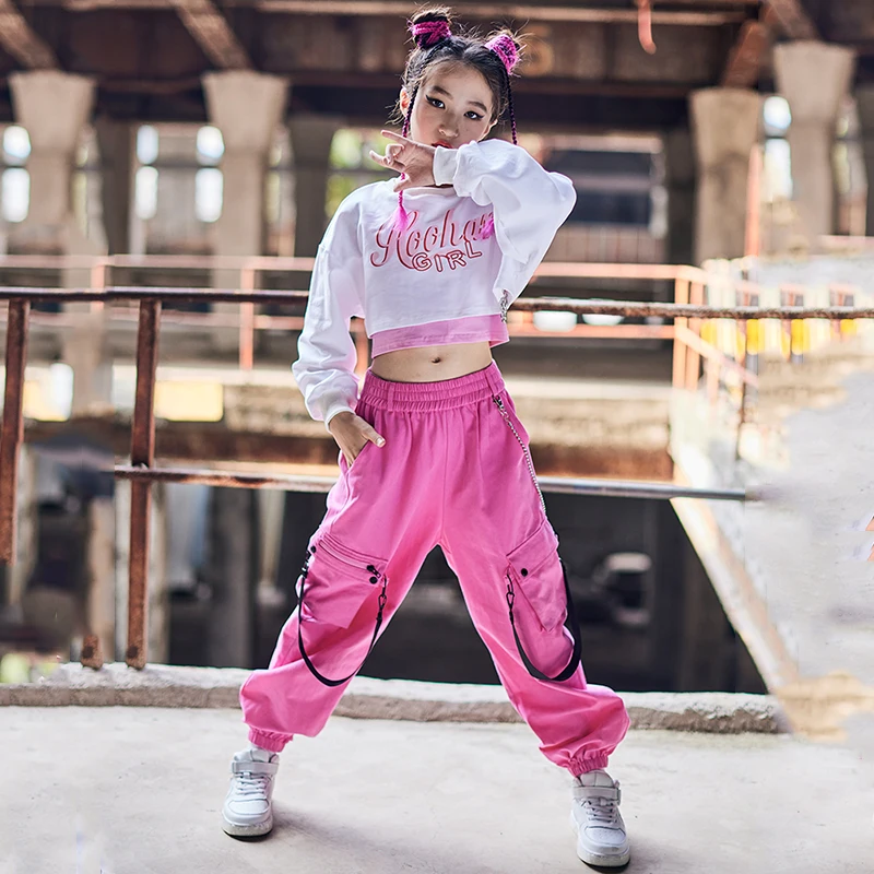 Modern Jazz Dance Clothes Girls White Long Sleeves Tops Loose Pink Pants Hip Hop Kids Street Dance Practice Show Costume BL7338