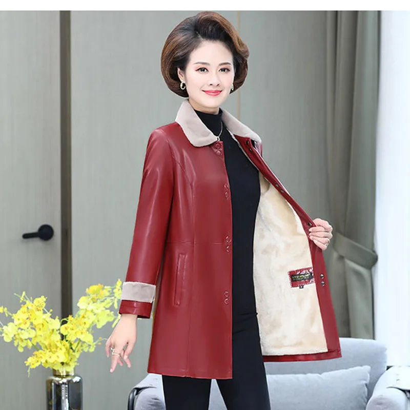 Middle-Aged Mother New Autumn Winter Mid-length Female Leather Trench Coat  Add  Velvet Thicken Loose Women's Leather Jacket 5XL