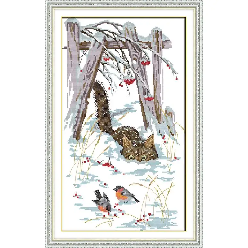 Joy Sunday cross stitch kitten play in the snow printed embroidery kits Aida 11CT 14CT counted and stamped set room decor crafts