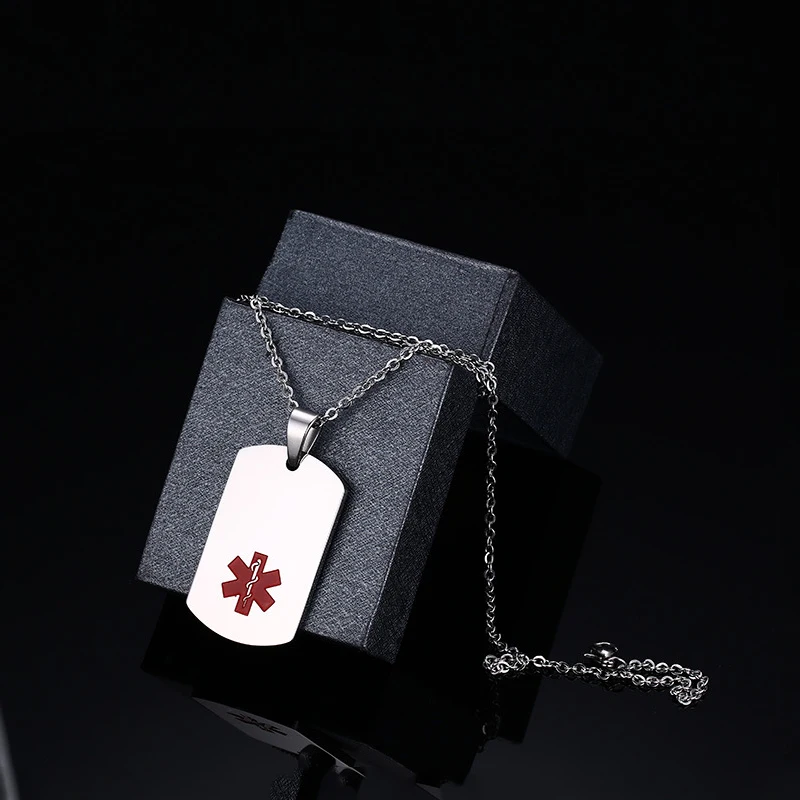 Custom Medical Alert ID Unisex Pendant Necklace Emergency Stainless Steel Jewelry 19 inch Link Chain Free Engraving