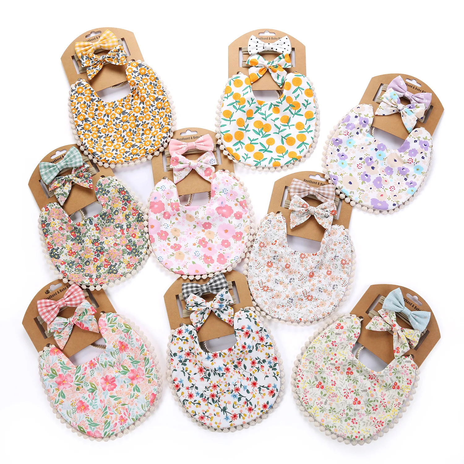 

1set Baby Saliva Towel Tassel Headband Sets Cute Print 100% Cotton Bibs Anti-spitting Bow Headband Boys Girls Baby Feeding Bibs