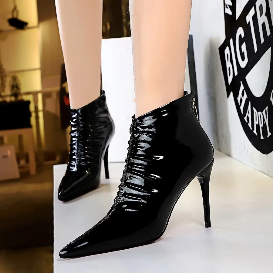 Women Pointed Toe Patent Leather Boots Thin Heels Boot Winter High Heel Ankle Boots