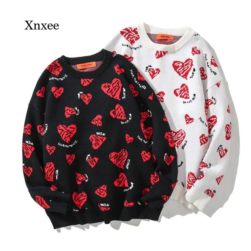 

Knitted Graffiti Sweater Harajuku Streetwear Couples Sweaters Heart Jumpers Hip Hop Knitwear Fashion Loose Casual Mens Tops