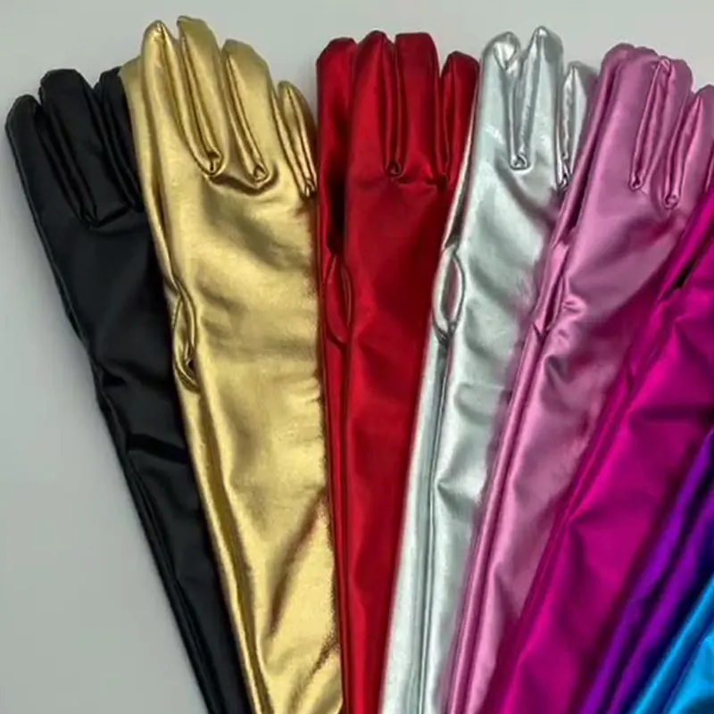 Guantes metálicos de cuero falso para mujer, manoplas sexys de látex, longitud hasta el codo, para fiesta de noche, color dorado y plateado