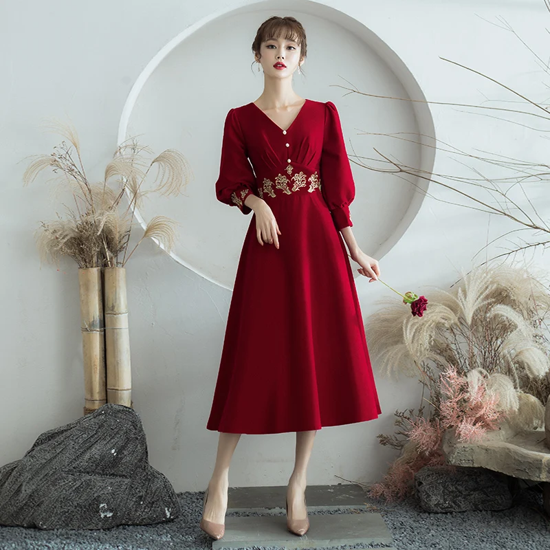 

Burgundy V-Neck Elegant Evening Dress Embroidery Three Quarter Sleeves A-Line Pleat Tea-Length Woman Formal Party Gowns A1515