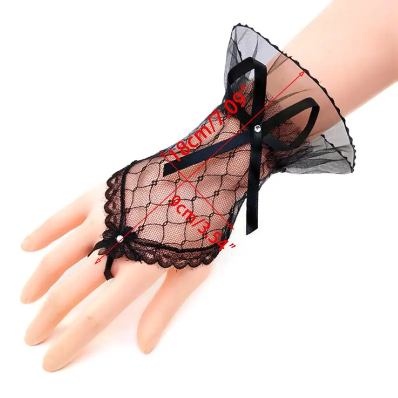 Women Bridal Wedding Short Fingerless Gloves Rhinestone Bowknot Sheer Mesh Lace Gauze Bridesmaids Sunscreen Hook Finger Mittens