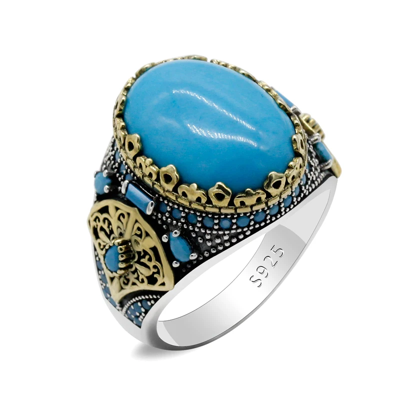 

Natural Turquoise 925 Sterling Silver Men's Ring Castle Turkey to Send Boyfriend Auspicious Fashion Retro Ring