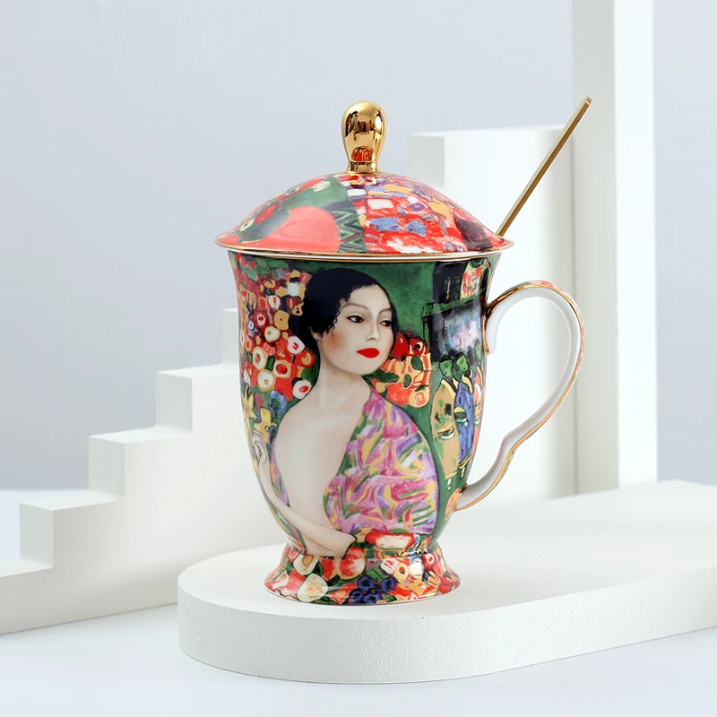 Coffee Mug with lid and spoon Bone China Antient Klimt painting Tea cups with lid Luxury Gift