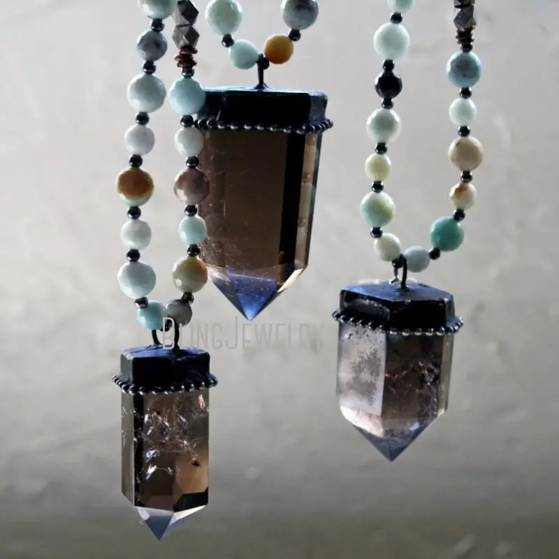 NM40358 Smoky Quartz Amazonite Pyrite Beaded Crystal Necklace   Pendulum Obelisk Talisman  Bead 