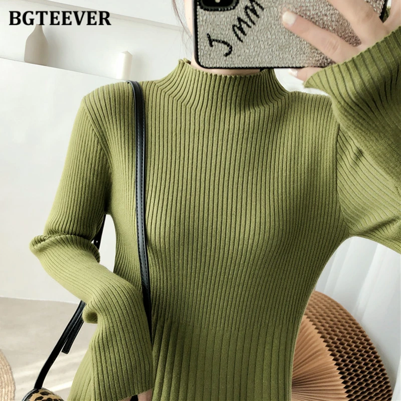 BGTEEVER Elegant Warm Half Turtleneck Ladies A-line Sweater Dress Full Sleeve Slim Waist Women Knitted Mid-Calf Vestidos Autumn