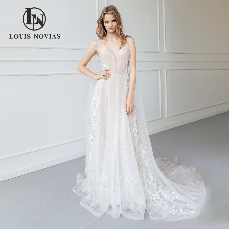 LOUIS NOVIAS A-Line Wedding Dresses 2022 Retro Casual Spaghetti Strap Shiny Fabric V-Neck Robe De Mariage With Ribbon