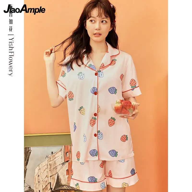 Pajamas Women Summer Ice Silk Thin Short-Sleeved Shorts Pijamas Two-piece Female Cute Sleepwear Set Sexy Home Clothes Suit