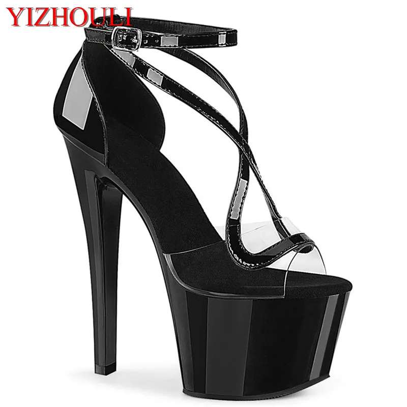 

17 cm Roman sandals with cross strap, 7 inch lacquered soles, transparent vamp, model pole dancing exercises, dancing shoes