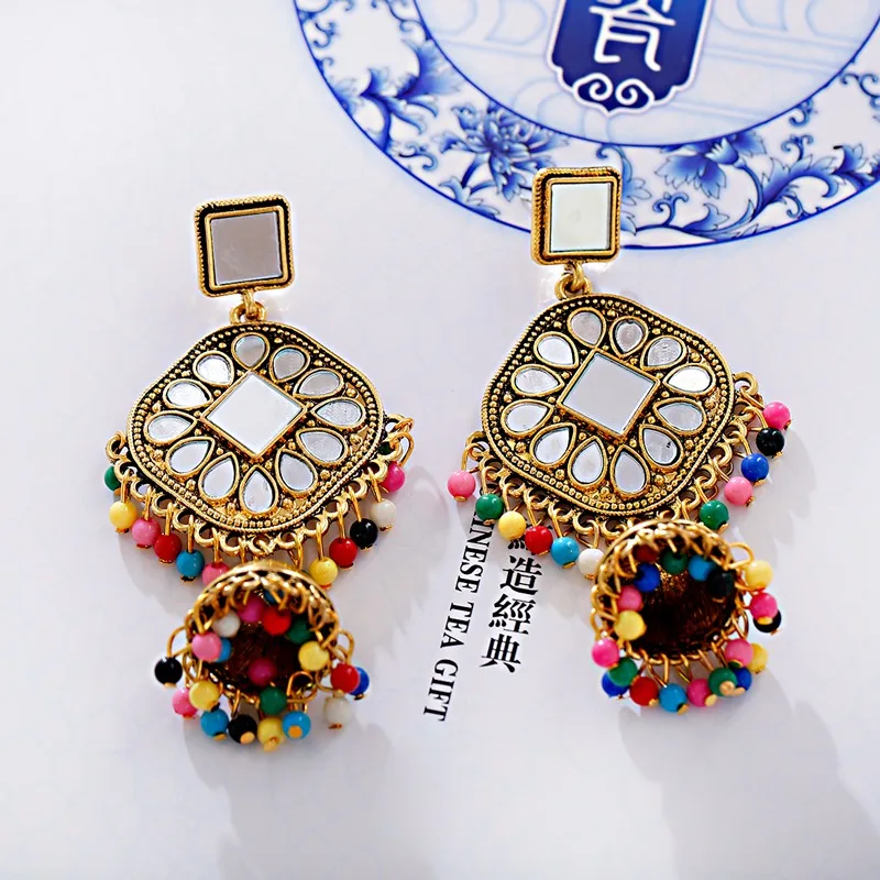 Big Silver Color Women Jhumka Earrings Indian Jewelry Corful Beads Bell Tassel Earrings Flower Tibetan Jewelry Boucle D’oreille