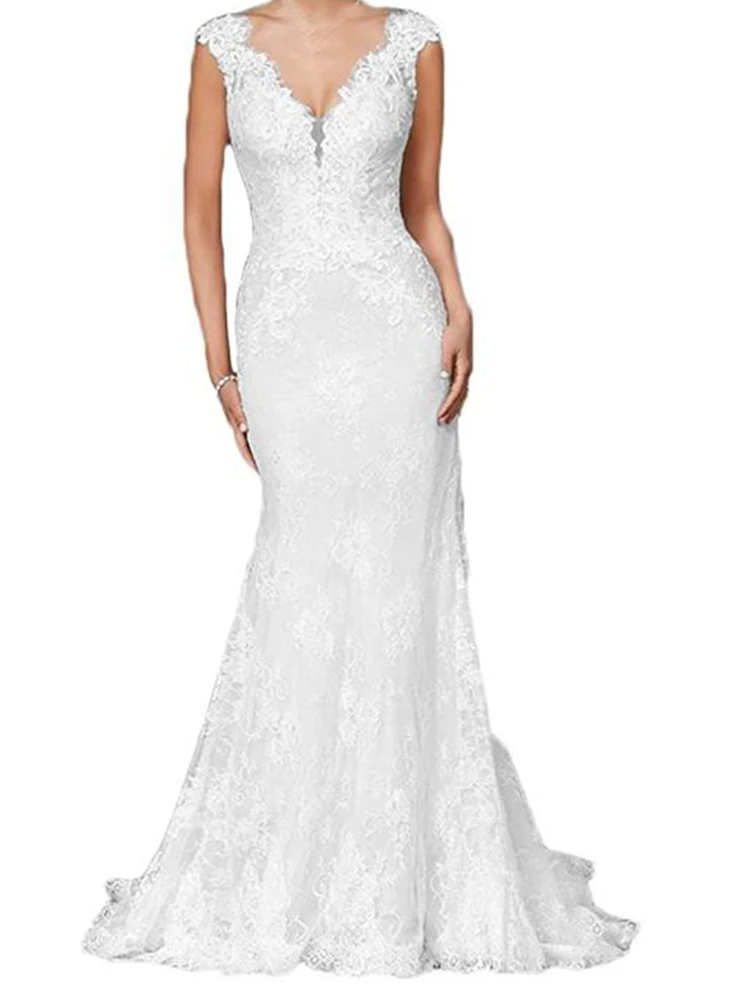 Women's Elegant Mermaid Skirt White Wedding Lace V-Neck Embroidered Bridal Gown 2020