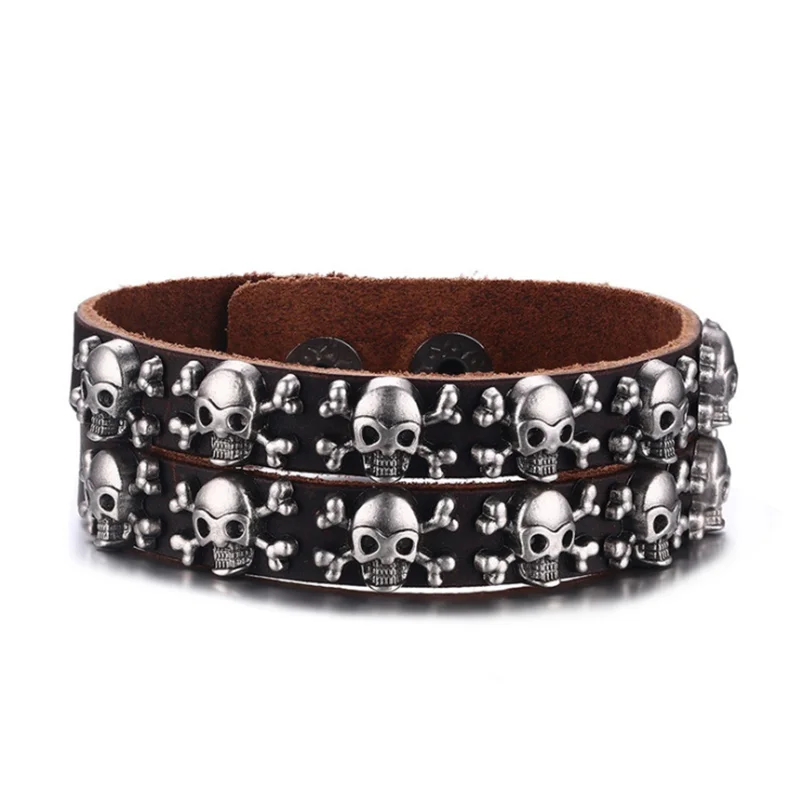 Mens Punk Leather Bracelets 2 Row Skull Head Crossbone Heavily Metal Style Wristband Cuff Bracelet Men Adjustable Jewelr