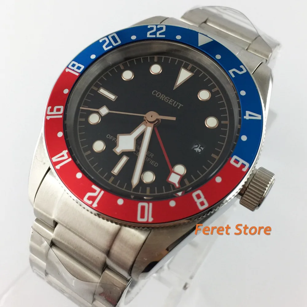 

Corgeut 41mm TOP Luxury Men Watches Black Dial Red and Blue Alloy Bezel GMT Automatic Mechanical Wristwatch