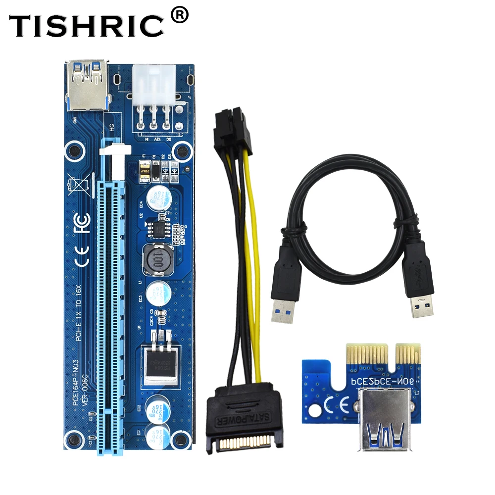 

5Pcs TISHRIC VER006C PCIE PCI Riser Card Ver 006C SATA to 6Pin 1x to 16x Extender USB3.0 Cable Adapter For Bitcoin Mining Miner