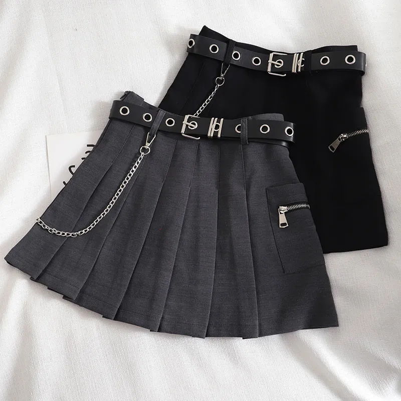 With Belt Chain Pocket Pleated Skirt Japanese Spring Summer Women A-Line Short Plaid Skirt Ladies High Waist Black Mini Skirt