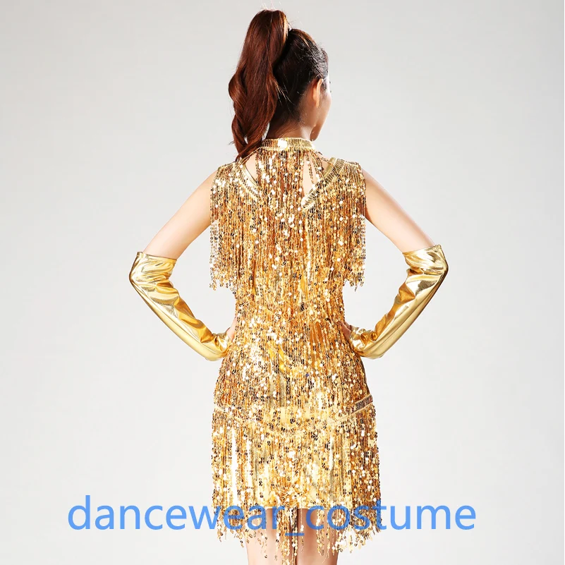 Women Sexy Prom Party Ballroom Latin Tango Jazz Modern Salsa Dance Dress Performance Practice Sequins Tassels Fringe Skirt 10Col