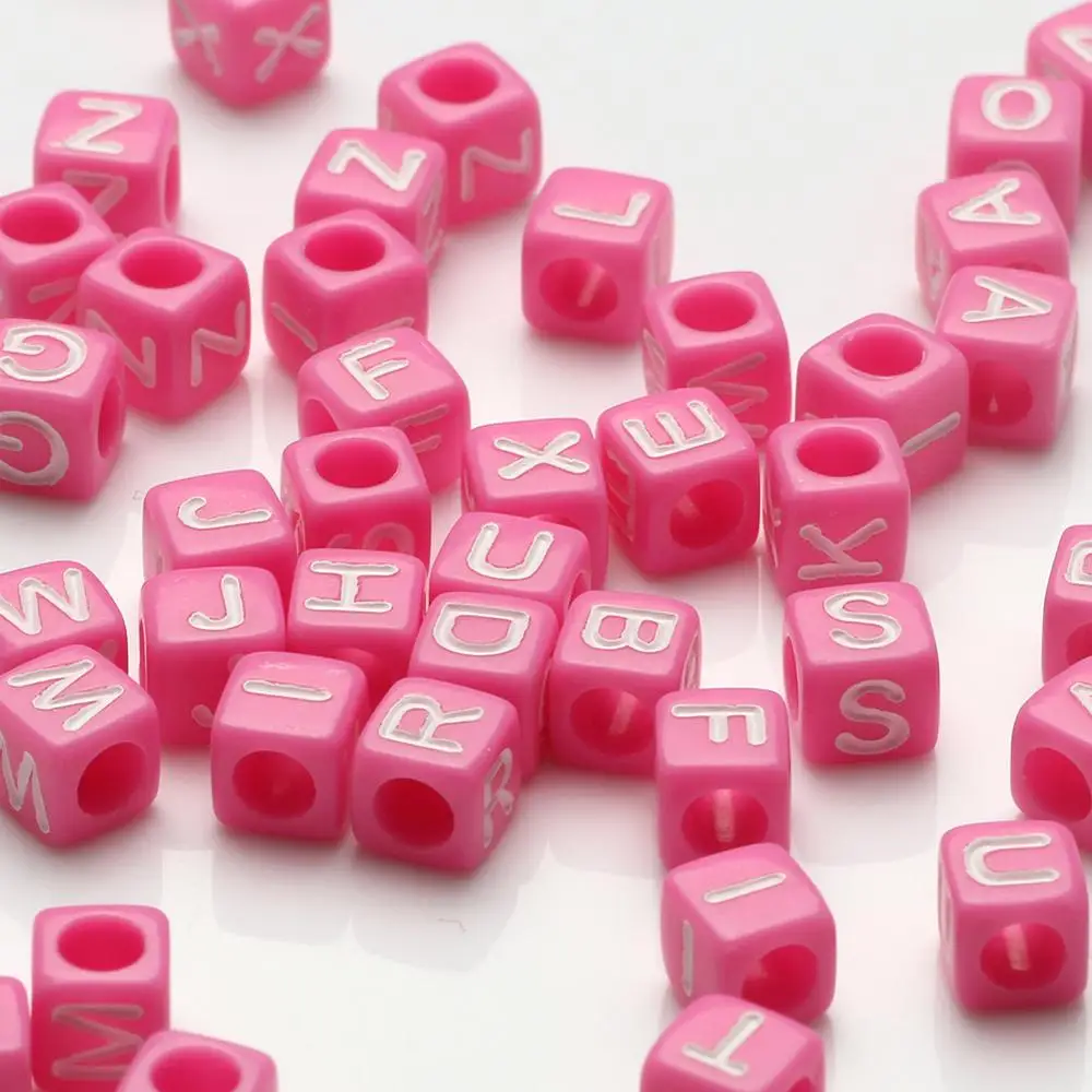 100pcs Cube 26 Alphabet Pink Acrylic Beads White letter Loose Spacer Beads For Jewelry Making Diy Women children Bracelets 6X6MM