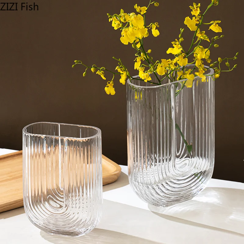 

Transparent U-shaped Glass Vase Striped Pattern Flower Arrangement Hydroponics Wedding Accessories Vases Modern Home Decoration
