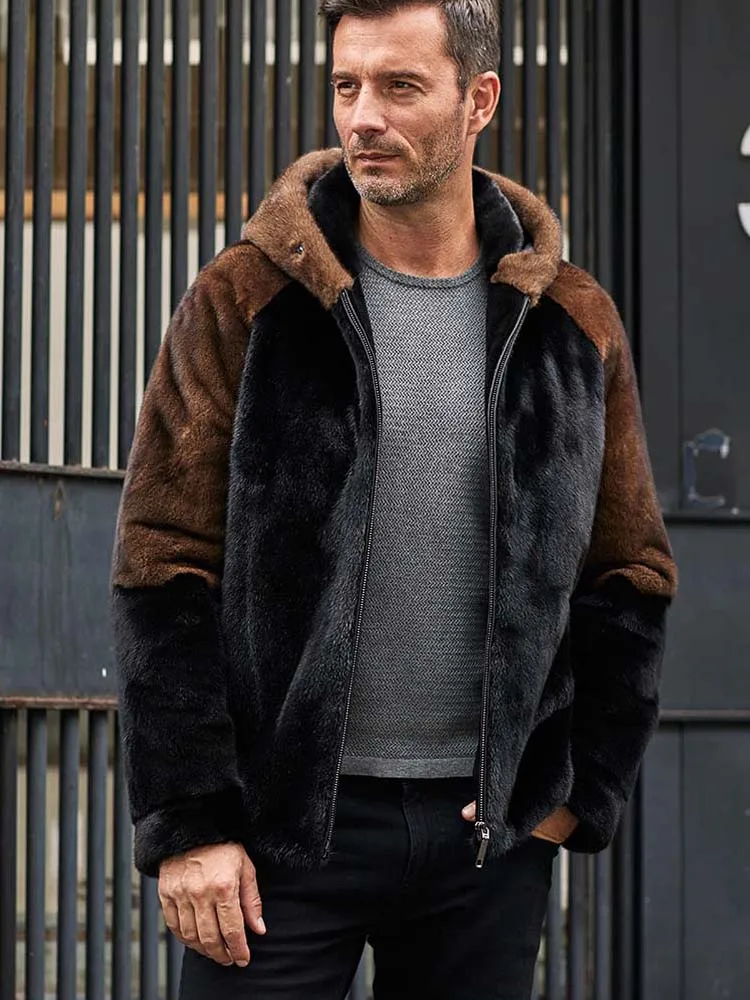 Imported Black Mink Coat Mens Fur Jacket Warmest Winter Overcoat Natural Hooded Outwear