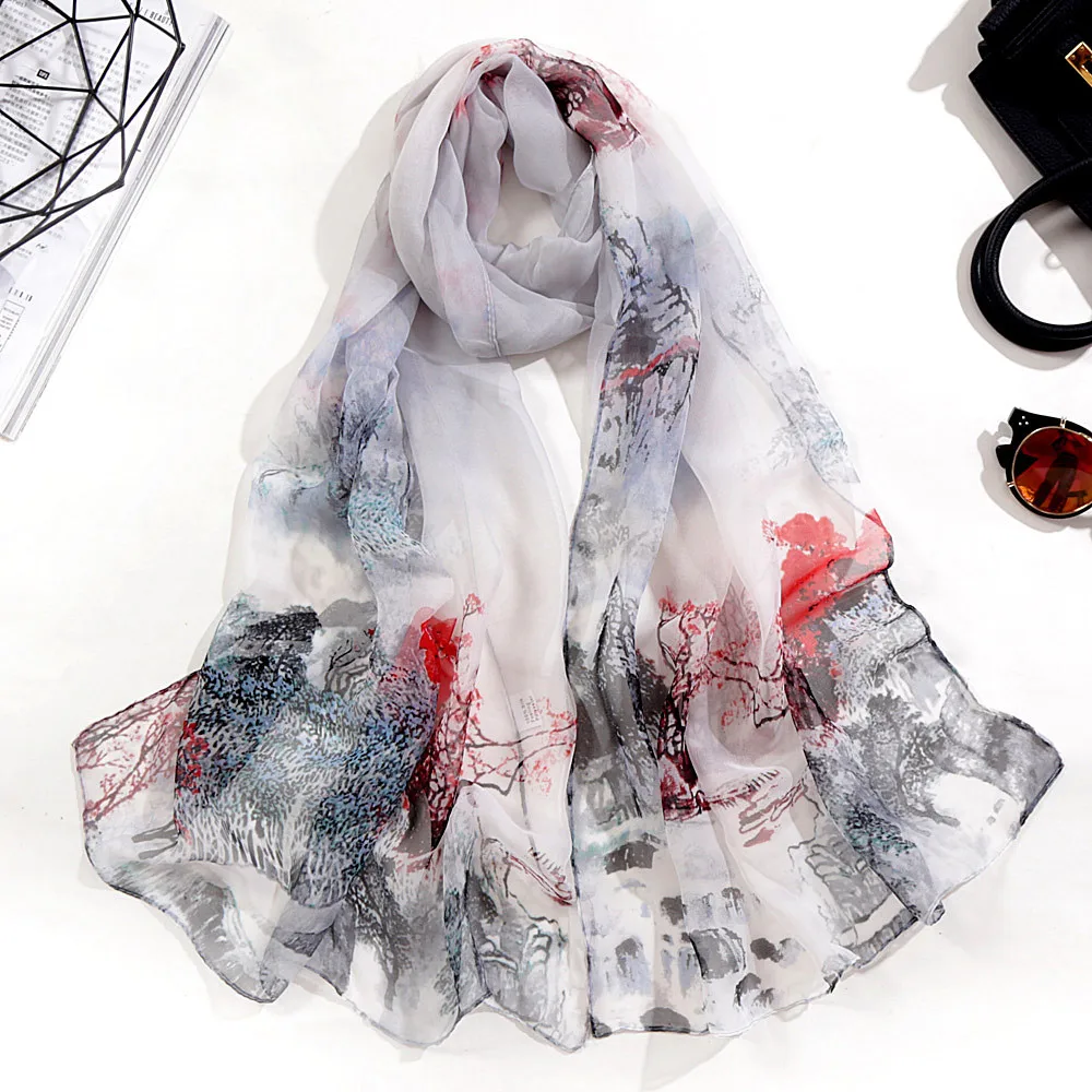 

Four Seasons Thin Soft Chiffon Women Landscape Printing Beach Silky Georgette Scarf Shawls Long Wraps Beach Sunscreen Hijab