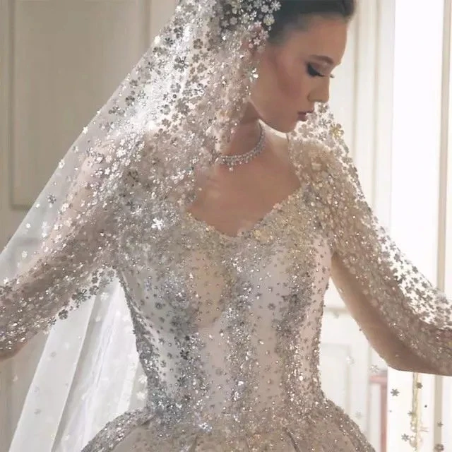 Robe de Mariée en Satin Brcorporelle à Manches sulfet Col en V, Tenue Luxueuse avec Perles, Style Arabe Dubaï, 2025