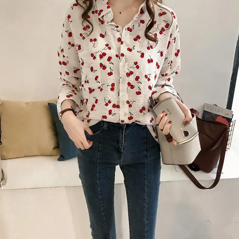 Long Sleeve Shirts Women New Spring Tunic Fashion Streetwear Cherry-print Ins Loose Mujer Vintage Pockets Korean Style College