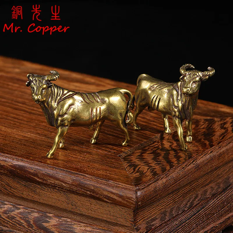 Pure Brass Zodiac Bull Miniature Animals Statue Handmade Home Decoration Ornaments Craft Copper Figurines Desk Decor Accessories