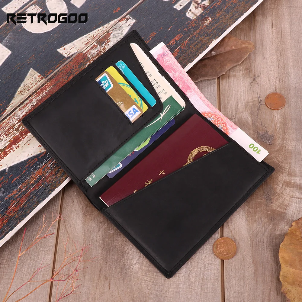 

RETROGOO Real Leather Travel Wallet Crazy Horse Leather Passport Wallet Vintage Men Wallet Ultra Thin Male Purse Cowboy Cartera