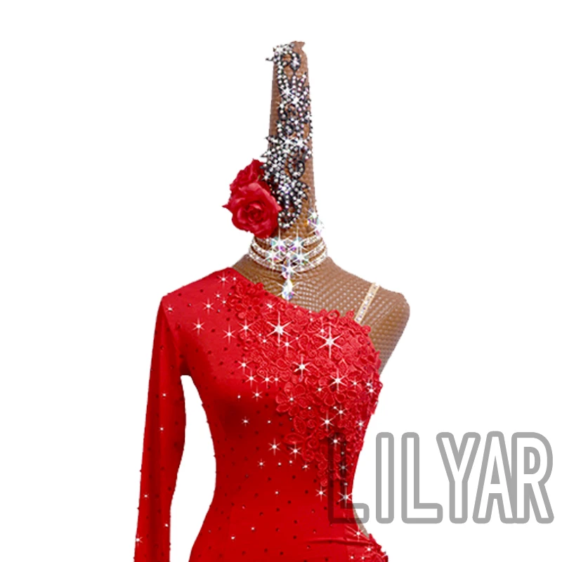 Vestido de dança latina bordado vermelho personalizado adulto, Competição Performance Dress, Novo