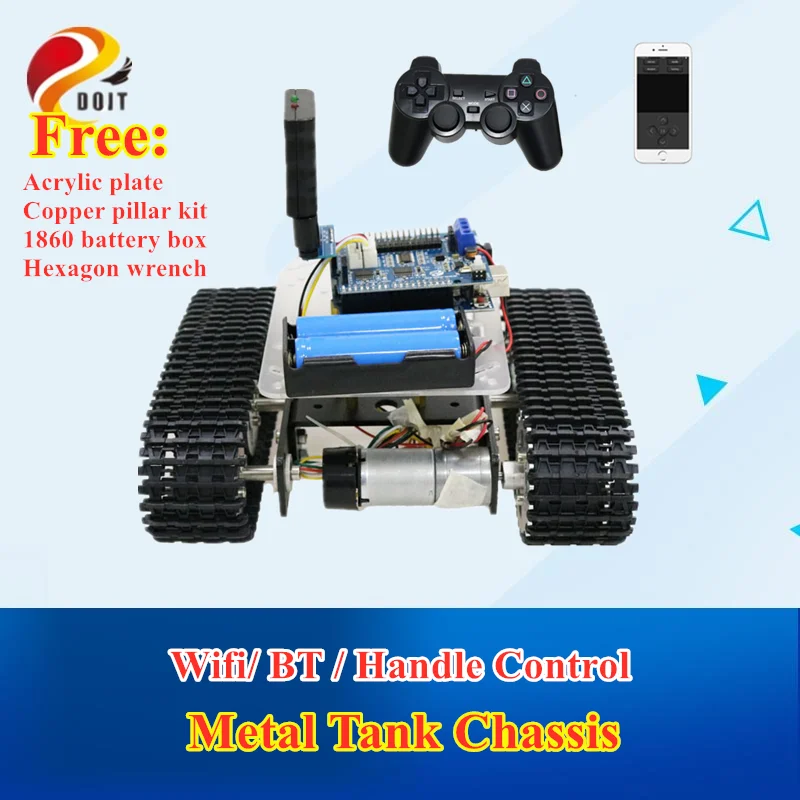 

Mini T100 Handle/Bluetooth/WiFi RC Control Robot Tank Chassis Car Kit for Arduino 4 Road Motor Driver Board, WiFi