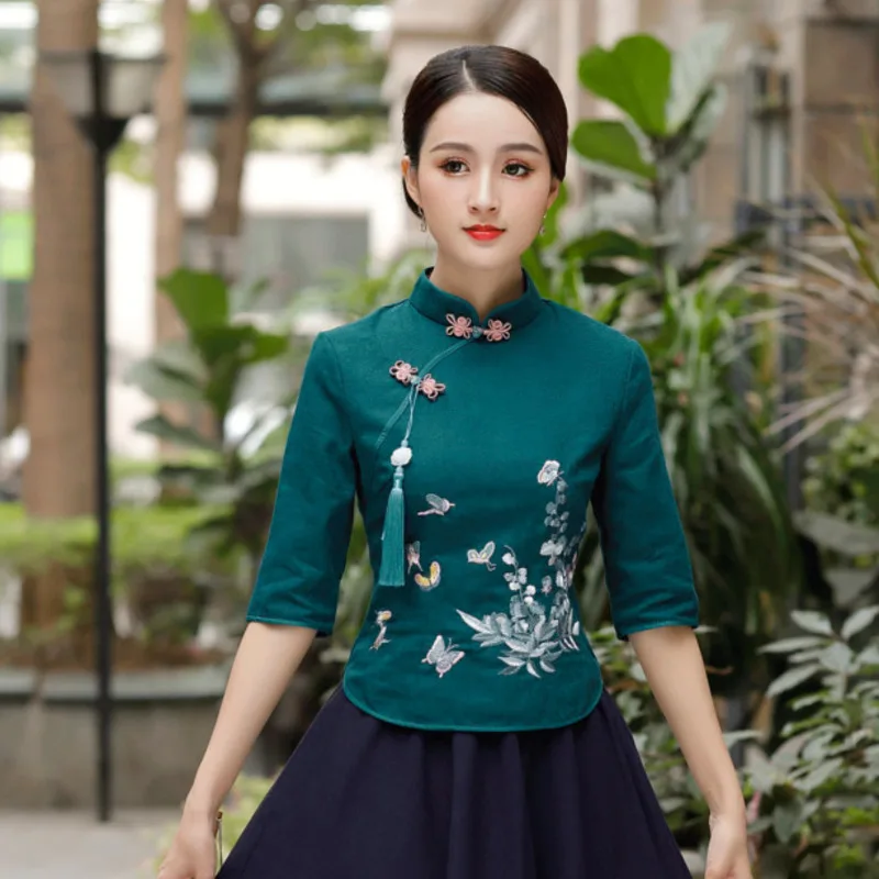 Sheng Coco Traditional Shirts Ladies Butterfly Embroidered Tassels Blouse Qipao Tops Chinese Style Middle Sleeve Blouse