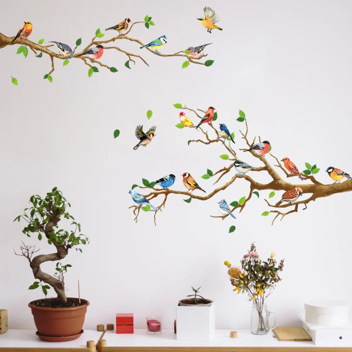 Colored Branches and Birds Wall Stickers for Bedroom Living Room Office Background Wall Sofa Decorative Wall Art Stickers Pvc