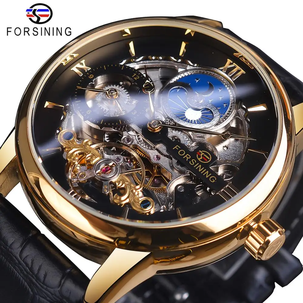 

Forsining Skeleton Dial Dual Time Zone Mechanical Watch Black Gold Leather Band Moon Phase Tourbillon Waterproof Automatic Watch