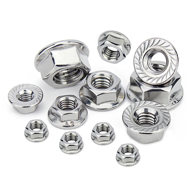 100PCS/LOT 304 Stainless Steel Hexagon Flange Nut Pinking Slip Locking Lock Nut M3 M4 M5 M6 M8 DIN6923