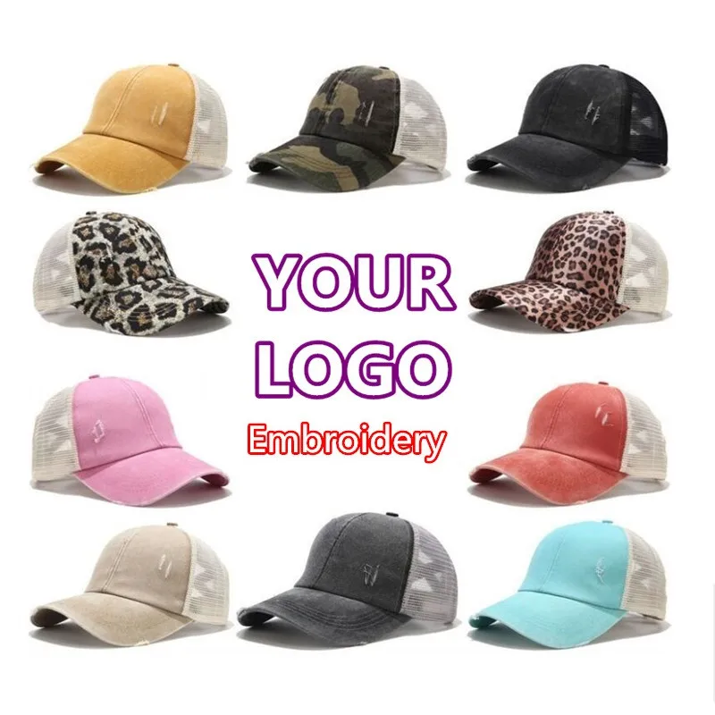 Women 100% cotton custom logo DIY embroidery baseball caps Ladies leopard print adjustable Ripped snapback trucker hats Gorros