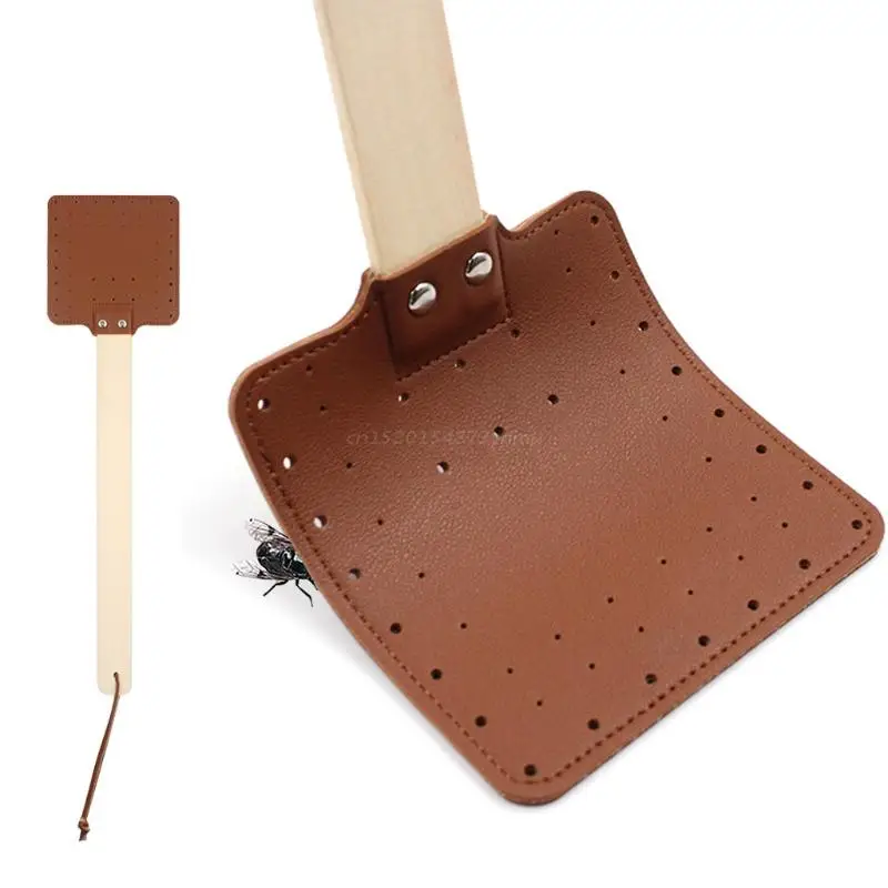 Leather Fly Swatter Fly Swat Heavy Duty Insect Mos-quito Control Rustic Design with Long Wooden Handle