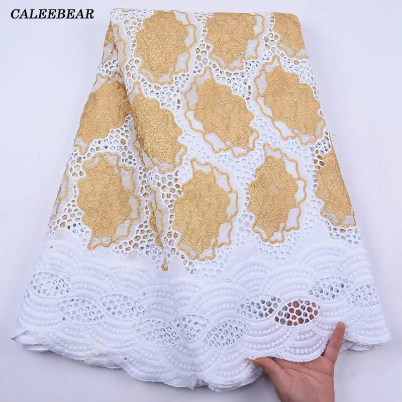 

Latest White And Gold Cotton 2020 African Lace Fabric High Quality Swiss Voile Dry Lace In Switzerland For Nigerian Dress S2077