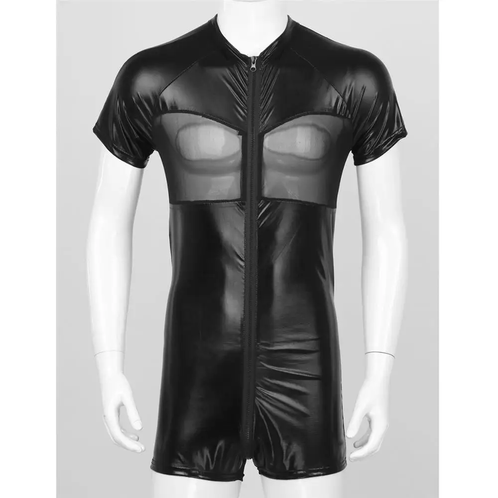 Mens One-piece Shiny Metallic Crew Neck Short Sleeves Mesh Patchwork Skin-Tight Leotard Short Bodysuit Male Jumpsuit Clubwear