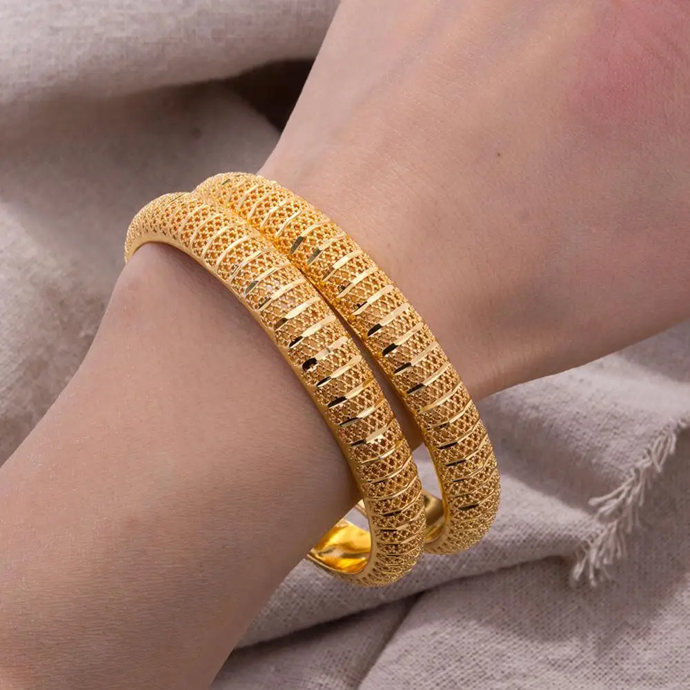 Double layer High Quality Dubai Gold Color Bangles Bracelets For Women Jewelry Wedding Bangles Not Can Open