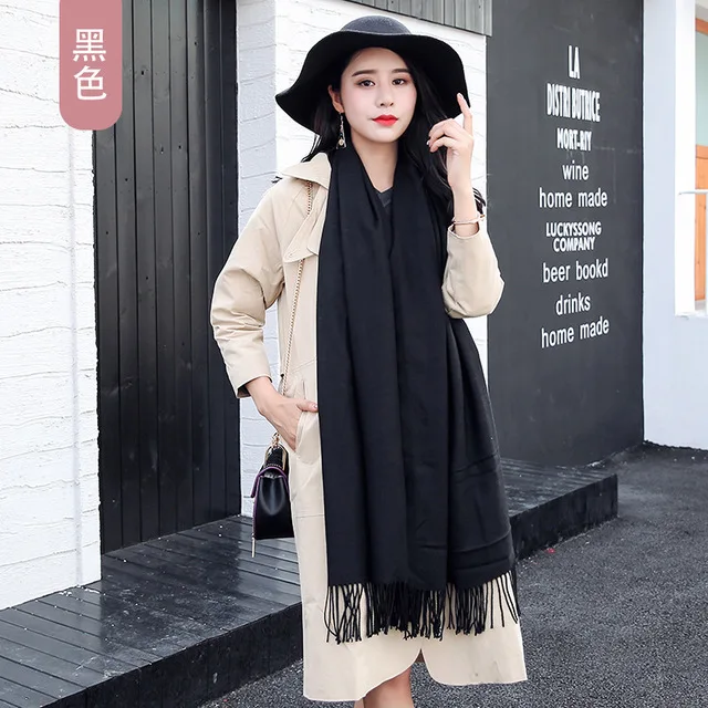 Winter Cashmere Women Scarf Men Luxury Brand Men\'s Scarves Female Tassel Bandana Women Solid Thick Pashmina Shawl Wraps Foulard